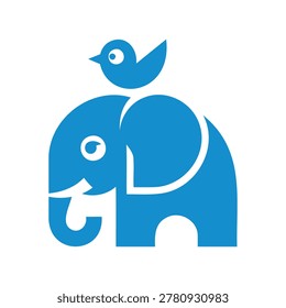 Blue elephant and bird sitting on back simple flat illustration