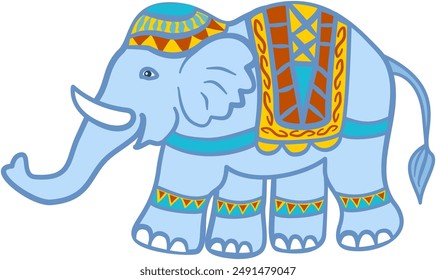 blue elephant cartoon image Decorate with beautiful jewelry Wear a hat and have a cloth draped on the elephant's back.