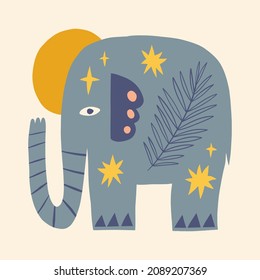 Blue elephant childish cartoon groovy boho illustration naive funky handdrawn style art vector