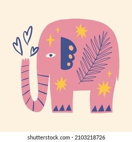 Blue elephant childish cartoon groovy boho illustration naive funky handdrawn style art vector