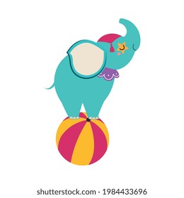 Elefante azul como un circo para el equilibrio animal sobre una bola que representa la ilustración de un vector de trucos