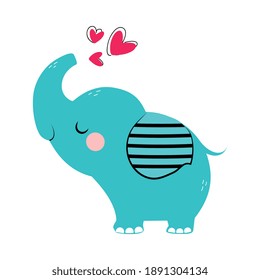 Blue Elephant Cub Trumping with Love Heart as Valentine Day Celebration Vector Illustration