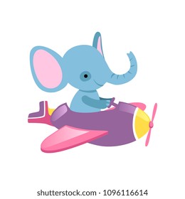 Blue elephant flying on little plane. Wild animal with large ears and long trunk. Funny aircraft pilot. Flat vector for kids room decor, sticker or postcard
