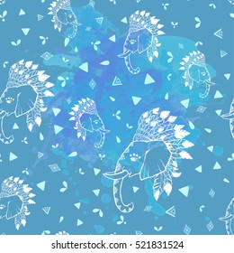 Blue Elephant head with american indian chief headdress pattern. Print for clothes, cards, picture banner for websites. Ethnic Indian ornaments.