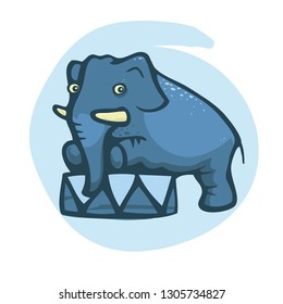 Blue elephant on the blue circle. Circus elephant. Vector illustration. Big elephant. Cartoon style.