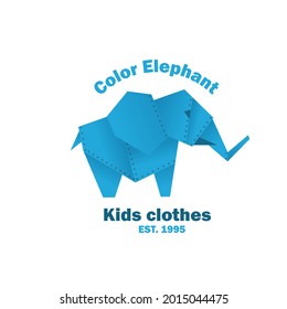 Blue Elephant. Premade Logo. Fun Color Animal. Zoo Steampunk style. Baby clothes brand. Isolated white background. Hand-drawn Stamp silhouette. Vector illustrations