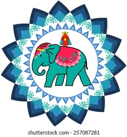 Blue elephant in round frame.