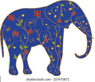 Blue elephant swirl illustration, vector, flowers