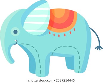 Blue elephant toy with colorful blanket on its back, a cheerful and playful illustration perfect for children s designs. The toy like design adds a touch of whimsy and nostalgia