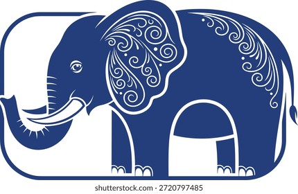 Blue elephant vector illustration, decorative animal design, floral pattern artwork, stylized wildlife silhouette, ornamental nature-themed graphic for creative, artistic, and cultural projects