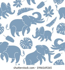 Blue elephants on a white background seamless texture
vector pattern with tropical leaves. A repeating pattern for textiles, wallpaper, wrapping paper, apparel, and packaging. Elephant with baby