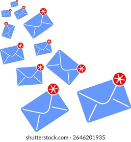 Blue email envelope icons with red notification alerts isolated on white background