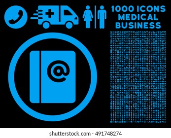 Blue Emails vector rounded icon. Image style is a flat icon symbol inside a circle, black background. Bonus clip art contains 1000 medicine business symbols.
