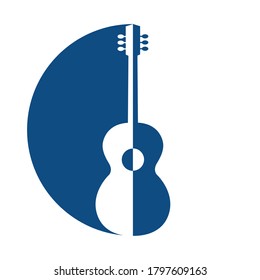 Blue emblem with a silhouette of a guitar. A symbol of instrumental music and art. Vector isolated illustration.