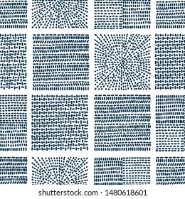 Blue embroidery with linear dashes. Folklore seamless pattern. Can be used in textile industry, paper, background, scrapbooking.