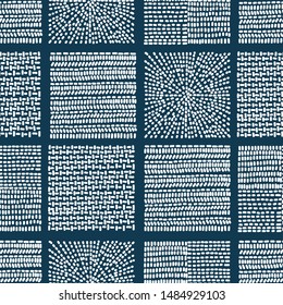 Blue embroidery with linear dashes. Folklore seamless pattern. Can be used in textile industry, paper, background, scrapbooking.