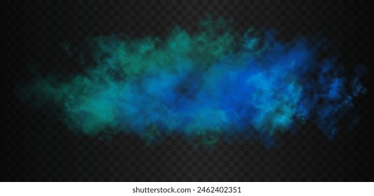 Blue emerald vibrant gradient futuristic colorful smoke cloud. Vector realistic magic teal color haze isolated on the semi transparent dark background.