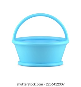 Blue empty basket with curved handle for Easter eggs storage and carrying 3d icon realistic vector illustration. Glossy ceramic metallic bucket accessory container cultural religious holiday celebrate
