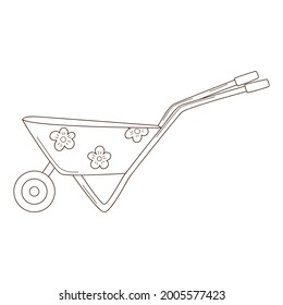 Blue empty garden wheelbarrow with flowers. Garden tools. A decorative element with a contour. Hand-drawn doodles. Black white vector illustration. Isolated on a white background