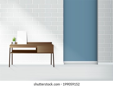 Blue empty interior with white frame and white vases