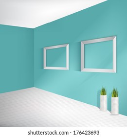 Blue empty interior with white frames and white vases 
