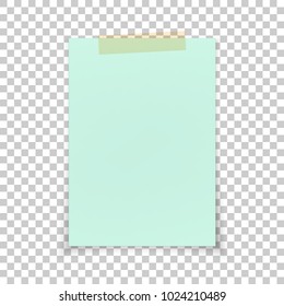 Blue empty note paper with adhesive tape. Vector illustration isolated on transparent background with realistic shadow. Template for your design. High quality.  Reminder copyspace Vector stock