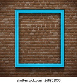 Blue empty picture frame on brick wall background realistic vector illustration