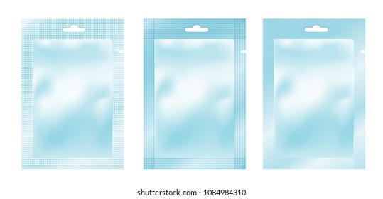 Blue empty plastic packaging. Foil or plastic sachet for food or medicines.