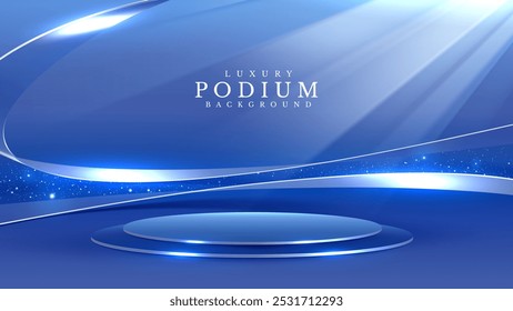 Blue empty podium decorated with ribbon and bokeh with glitter effect, elegant style stage design concept. Vector illustration.