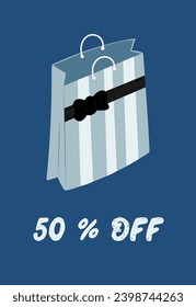 Ilustración vectorial de la bolsa de papel de la compra vacía azul. 50% de descuento