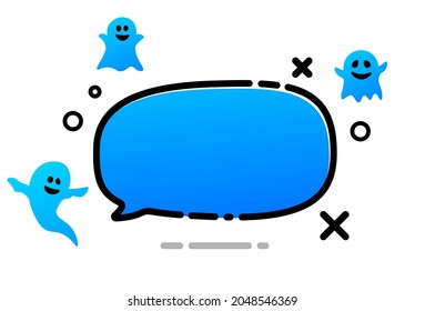 Blue empty speech bubble with cute flying ghosts. Space for text. Vector illustration.