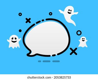 Blue empty speech bubble with cute flying ghosts. Space for text. Vector illustration.