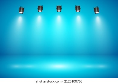 Blue empty studio abstract background with spotlighs. Product showcase backdrop.