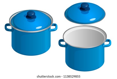 Blue enamel saucepan with lid, open and closed, isolated on white background