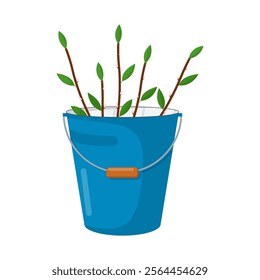 Blue enameled bucket with thin spring branches or seedlings. Gardening tools. Isolated on a white background, flat design. Colored icon, spring vector illustration. 