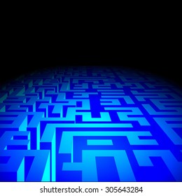 Blue endless Labyrinth corridors in darkness. Vector illustration