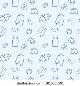 Blue endless pattern for a boy with Doodle clothing drawings. Seamless background in the children's room, tailoring, Wallpaper for your phone. Packaging paper design.