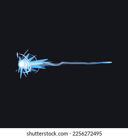 Ilustración vectorial del haz de energía azul. Dibujo de caricatura de arma láser, efecto de detonador o arma, relámpago, ataque alienígena. Magia, concepto de poder para juegos o historietas