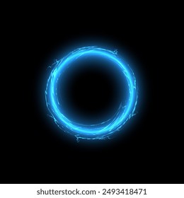 Blue energy circle with electric sparks on a black background. Vector illustration of dynamic and glowing, resembling a thunder effect. Perfect for sci-fi and futuristic designs.