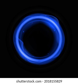 Blue energy circle template. Round banner frame with flashes electric waves with glowing digital glitter on dark vector surface