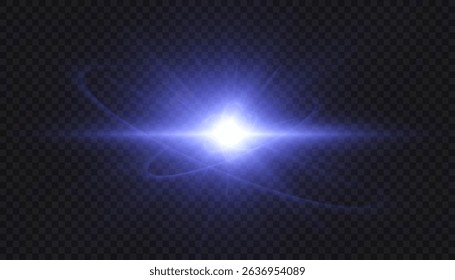 Blue energy explosion with glowing core and swirling light trails on transparent background. Abstract vector light effect.