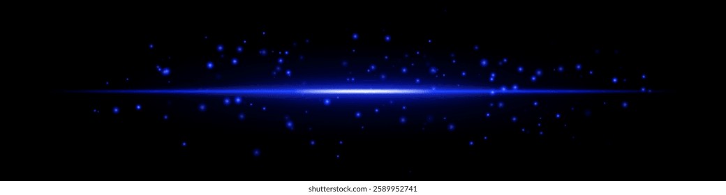 Blue energy flare with glowing particles bright horizontal beam on a dark background. The scattered light dots futuristic, high-tech effect, sci-fi, digital visuals, abstract light compositions