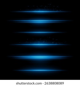 Blue energy lines. Glowing horizontal streaks with particle sparks above and below lines. Dark background adds contrast. Suitable for sci-fi, fire, energy, tech visuals.
