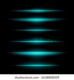Blue energy lines. Glowing horizontal streaks with particle sparks above and below lines. Dark background adds contrast. Suitable for sci-fi, fire, energy, tech visuals.