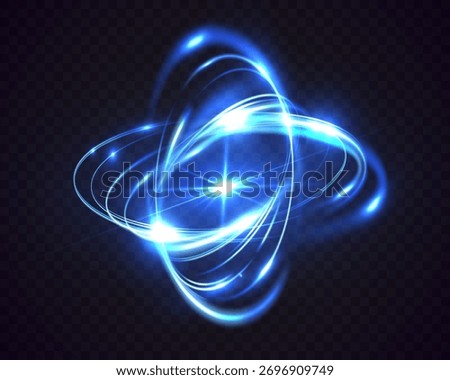 Blue energy orb with glowing light rings and swirling motion effect on transparent background, representing futuristic plasma vortex, power core, or light storm energy rotation concept.
