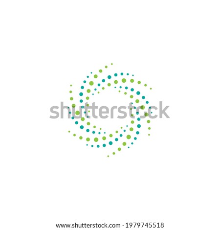 Blue energy round logo isolated on white. Circles and dotes abstract shape. Creative science, tech logo. System, communication, network, interaction, team work sign.  Vector illustration