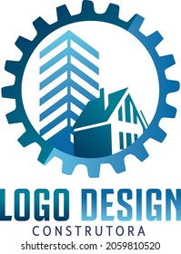 logotipo de ingeniería azul con engranajes y edificios de oficinas.