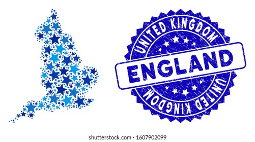 Blue England map mosaic of stars, and textured rounded stamp seal. Abstract geographic plan in blue color tones. Vector England map is organized of blue stars.