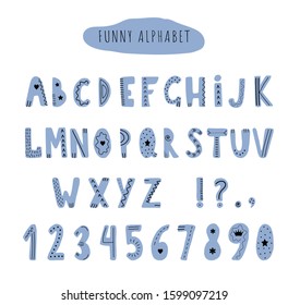 Blue English alphabet in scandinavian style on white background. Cute letters for your design.