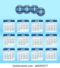 Blue English calendar for 2016 with circle cut jeans tags and old style month names. Sundays first. Vector illustration